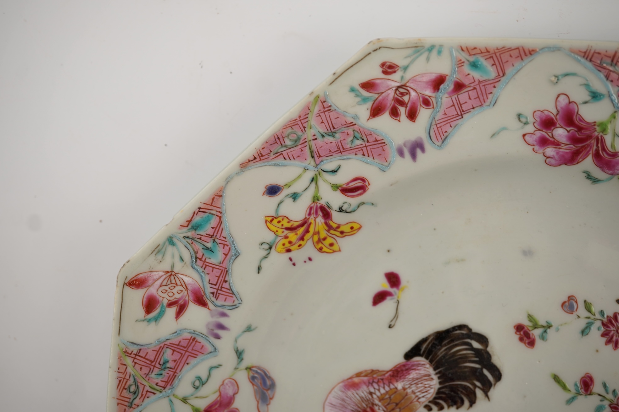 A Chinese famille rose ‘chickens’ octagonal plate, Qianlong period